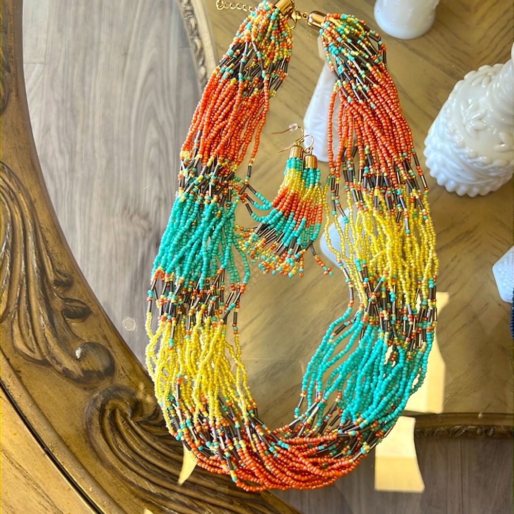 coral bronze yellow glass beaded multi strand necklace & tassel earring set